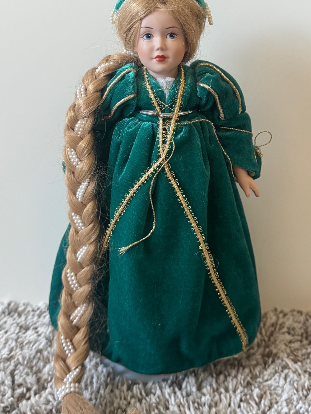 Danbury Mint Porcelain Doll in Emerald Green Velvet Gown with Gold Trim